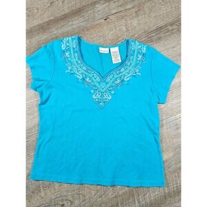 White Stag Scuba Blue Embroidered Paisley V-Neck Cotton Top WS512207 Womens Med